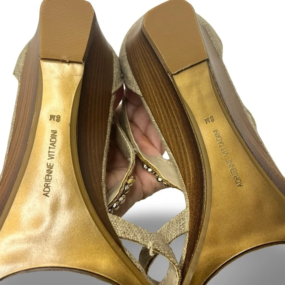 Adrienne Vittadini Natural Linen Jeweled Kitten Wedge Sandals Size 8